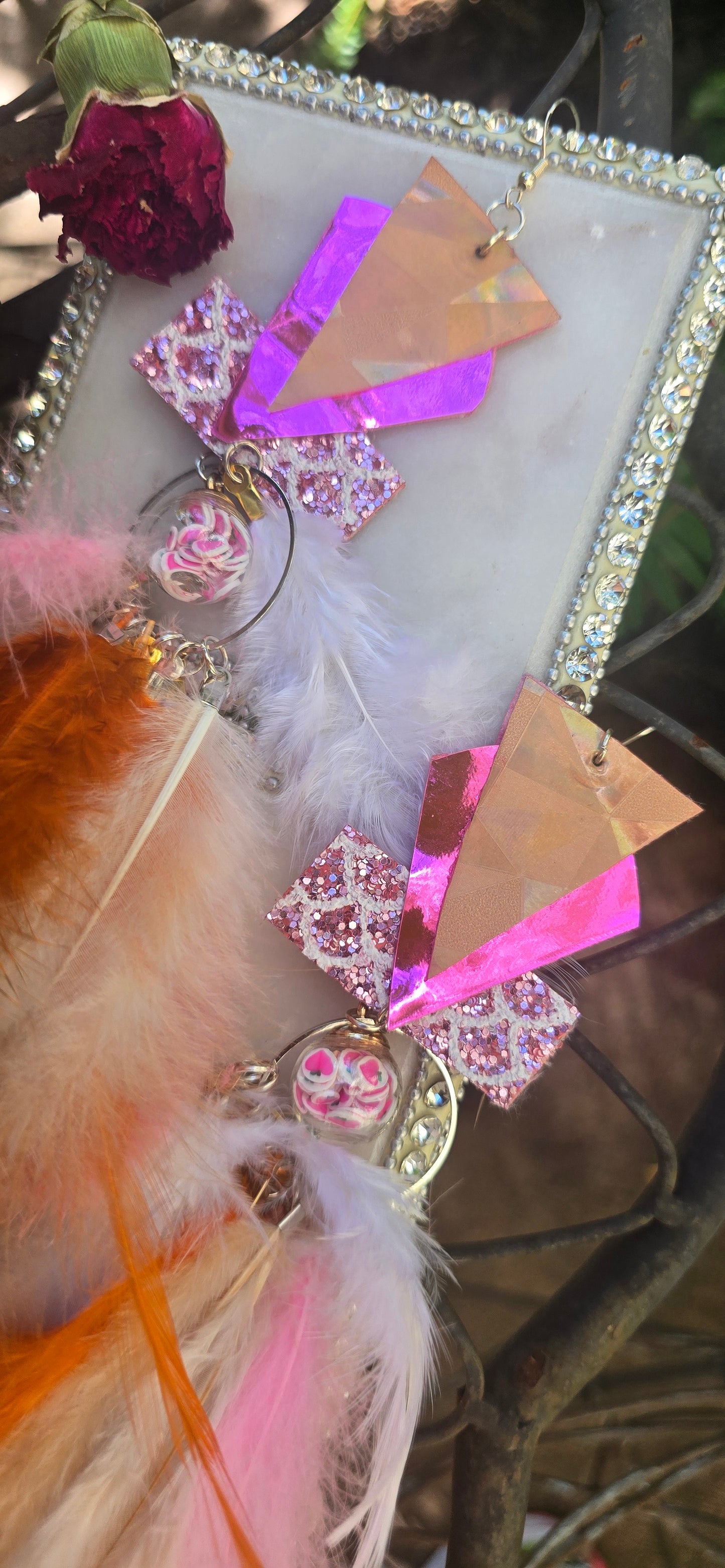 Gloria - Pink Statement Feather Earrings - Shop Moxxc