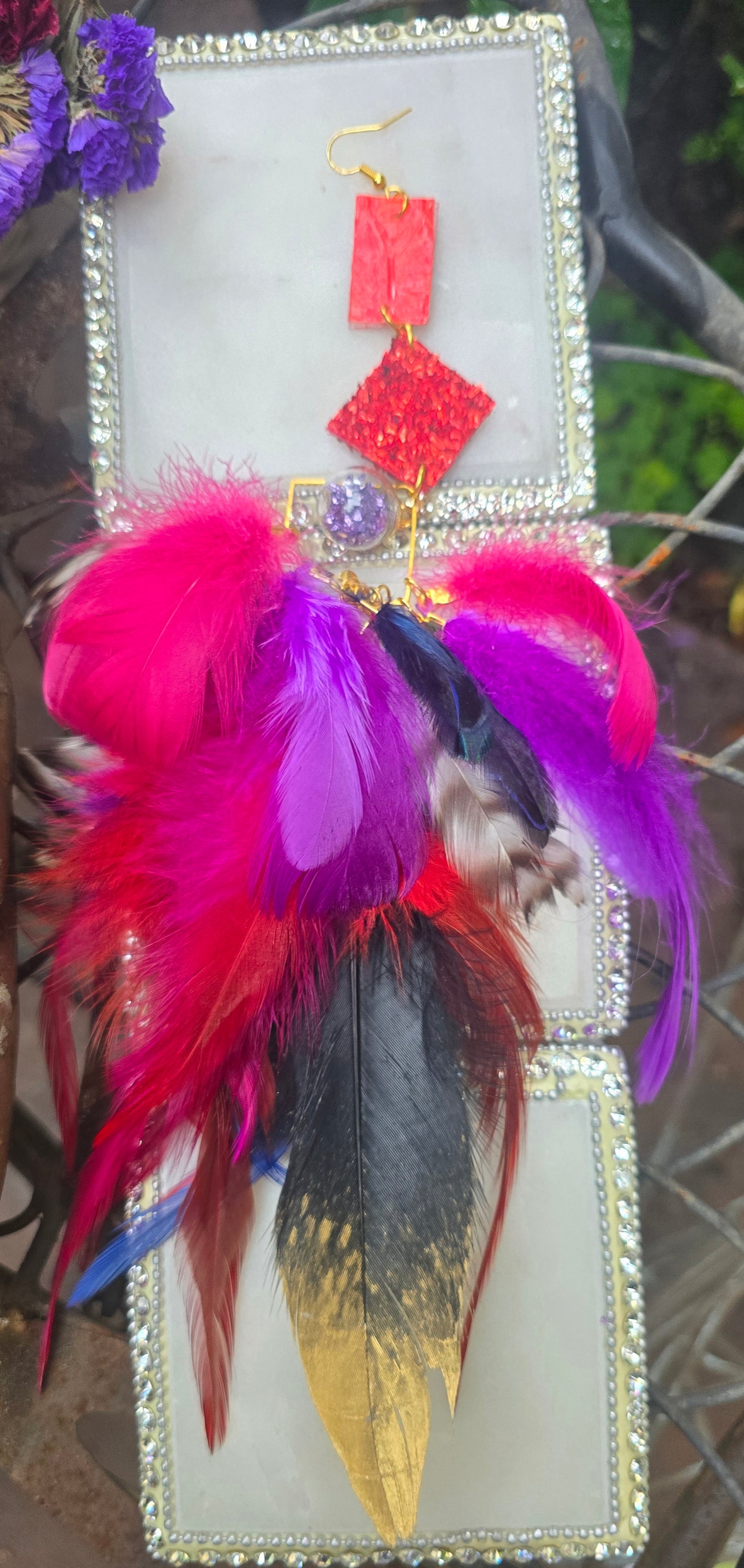 Pink boho festival feather earrings by Shop Moxxc, featuring vibrant feathers and a stylish design perfect for festivals.