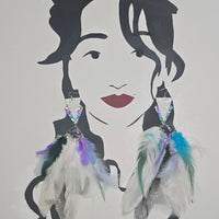 White boho festival feather earrings by Shop Moxxc, featuring delicate feathers and intricate design for a stylish look.
