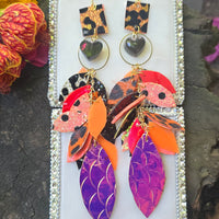 Thiana - Orange Black Animal Print Teardrop Chandelier Earrings