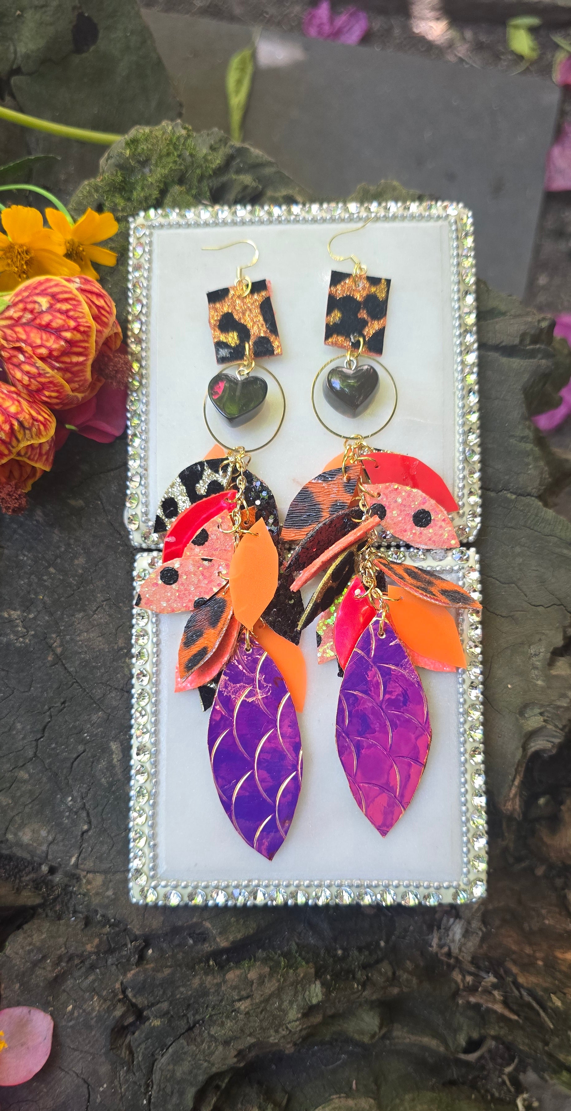 Thiana - Orange Black Animal Print Teardrop Chandelier Earrings