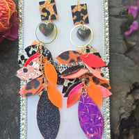 Thiana - Orange Black Animal Print Teardrop Chandelier Earrings