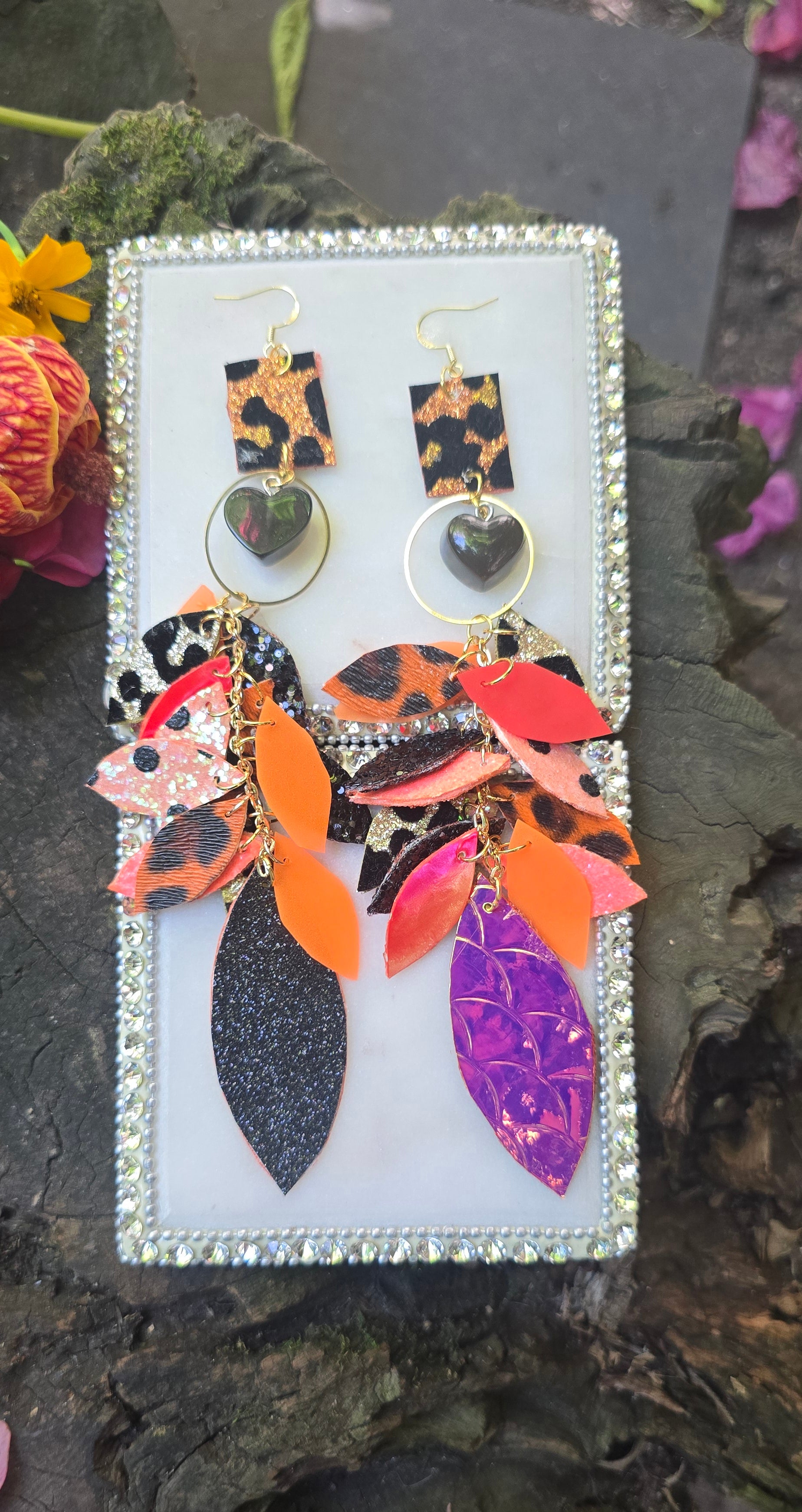 Thiana - Orange Black Animal Print Teardrop Chandelier Earrings