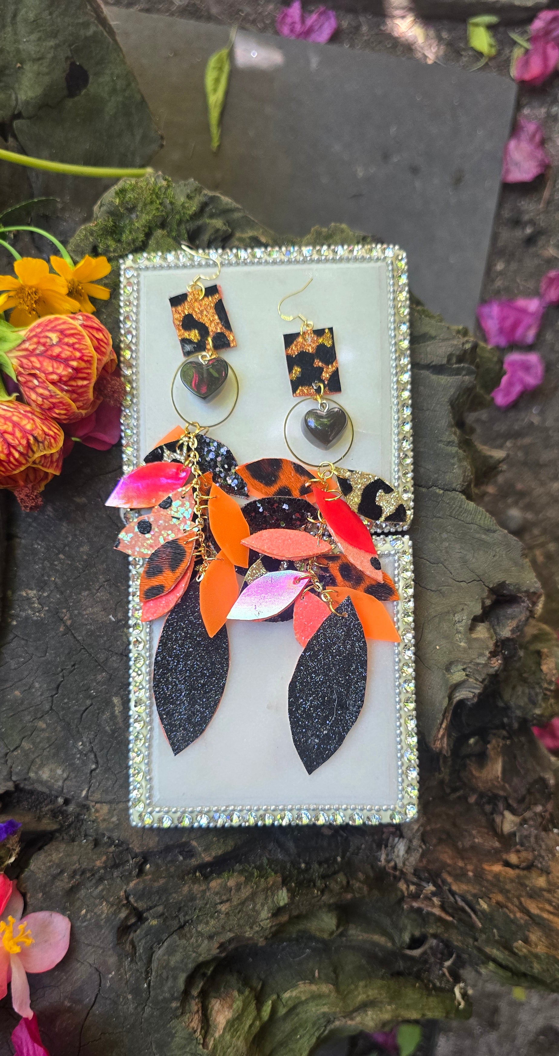 Thiana - Orange Black Animal Print Teardrop Chandelier Earrings