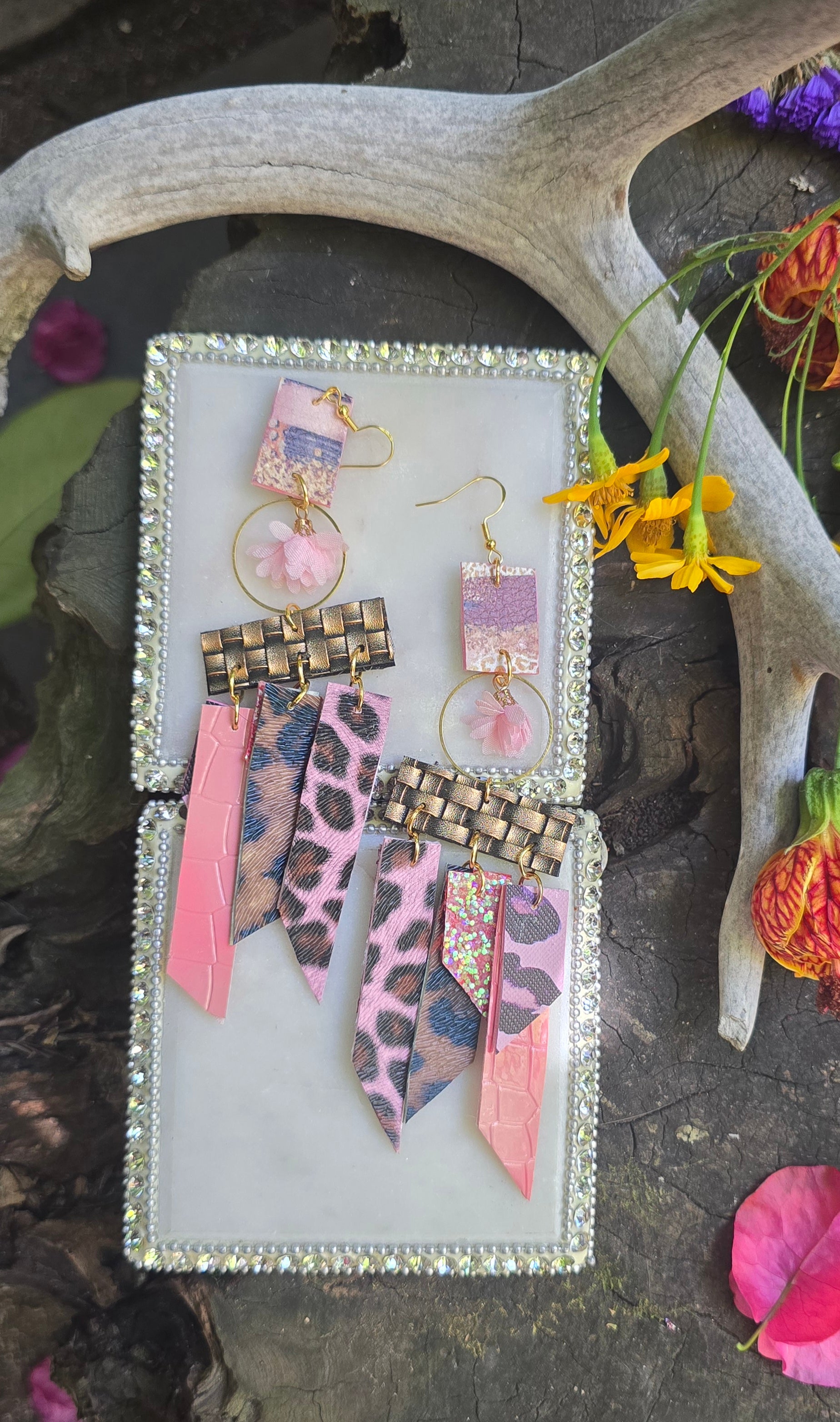 Maggie - Pink Animal Print Fringe Earrings