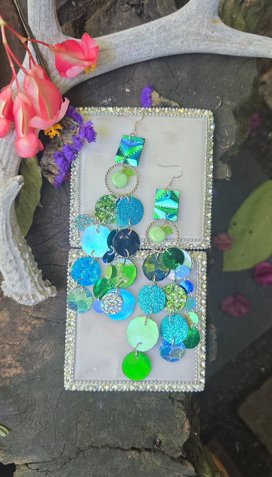 Blue and green round dangle earrings by Shop Moxxc, featuring Sally design with vibrant, circular jewelry accents.