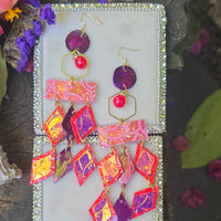 Mary - Pink Red Geometric Chandelier Earrings