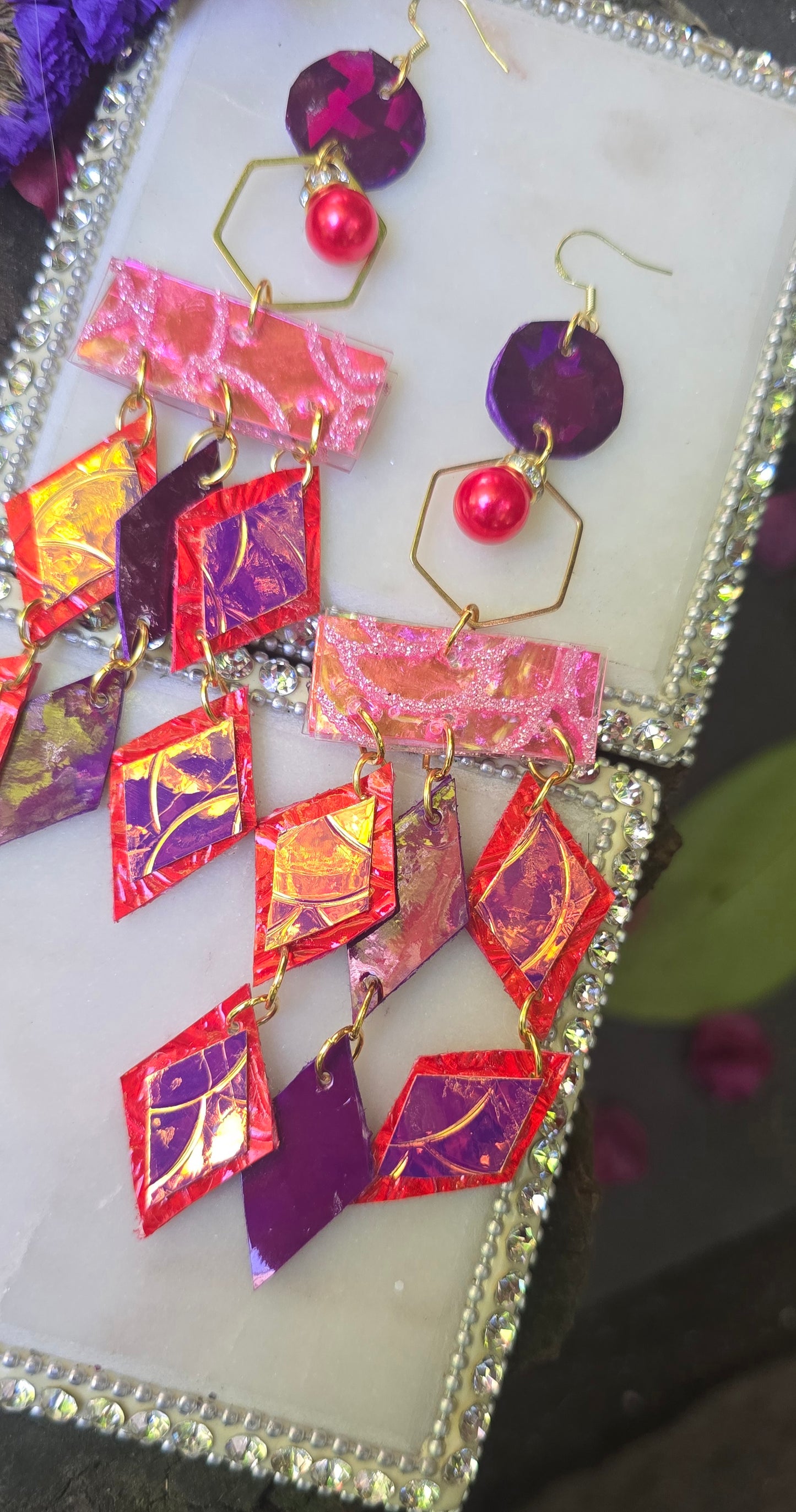 Mary - Pink Red Geometric Chandelier Earrings