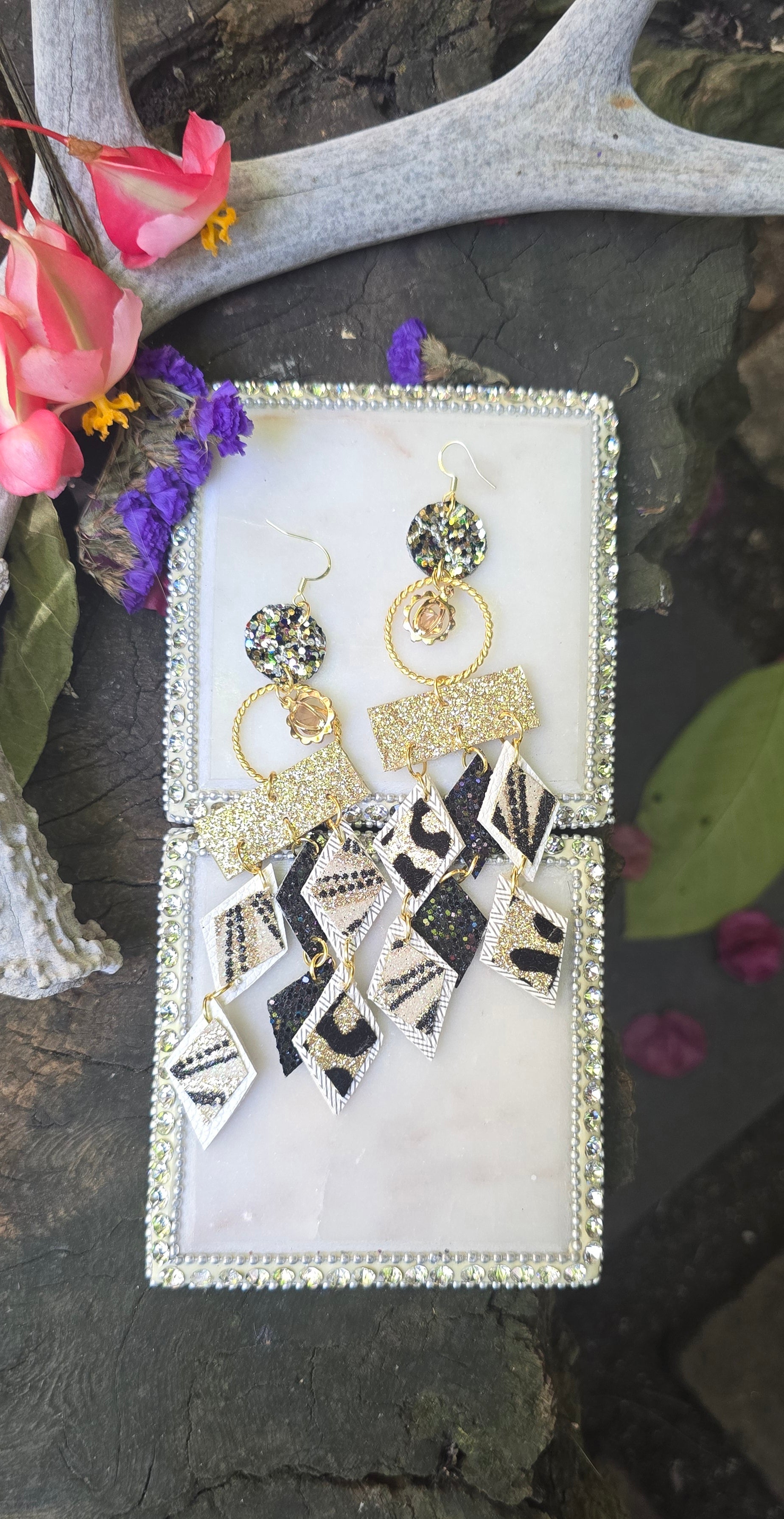 Jody - White Geometric Long Chandelier Earrings