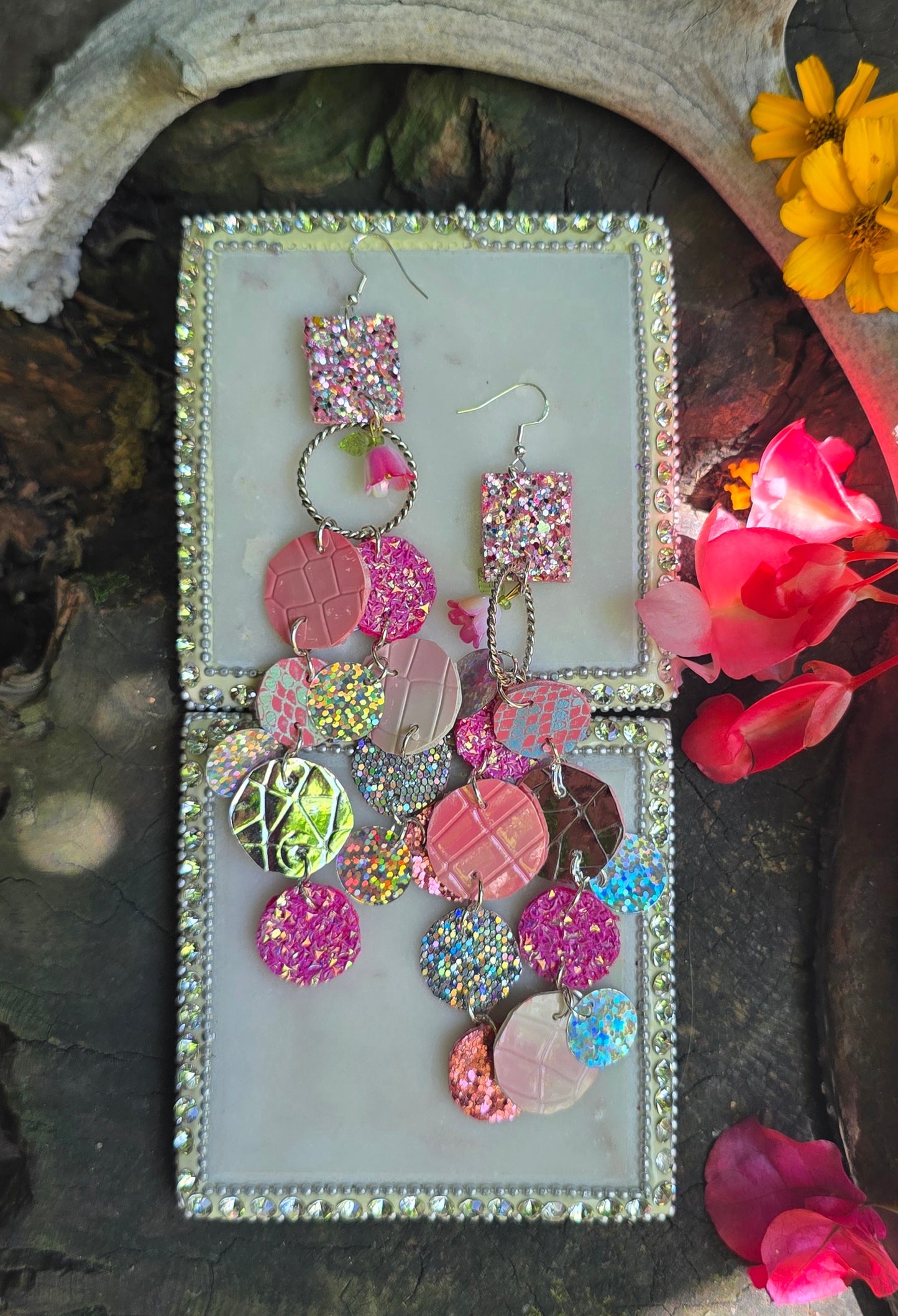 Tanya - Pink Glittery Round Dangle Earrings