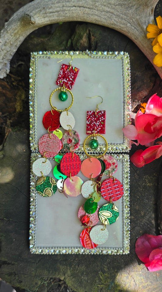 Becca red multicolored round dangle earrings with vibrant patterns and silver hooks, stylish jewelry for casual or formal wear.