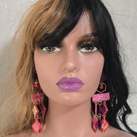 Mary - Pink Red Geometric Chandelier Earrings