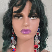 Laura red and blue sparkly round dangle earrings with shimmering details, stylish jewelry by Shop Moxxc.