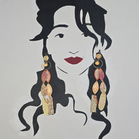 Yellow long statement earrings featuring angelica design, crafted by Shop Moxxc, displayed on a neutral background.