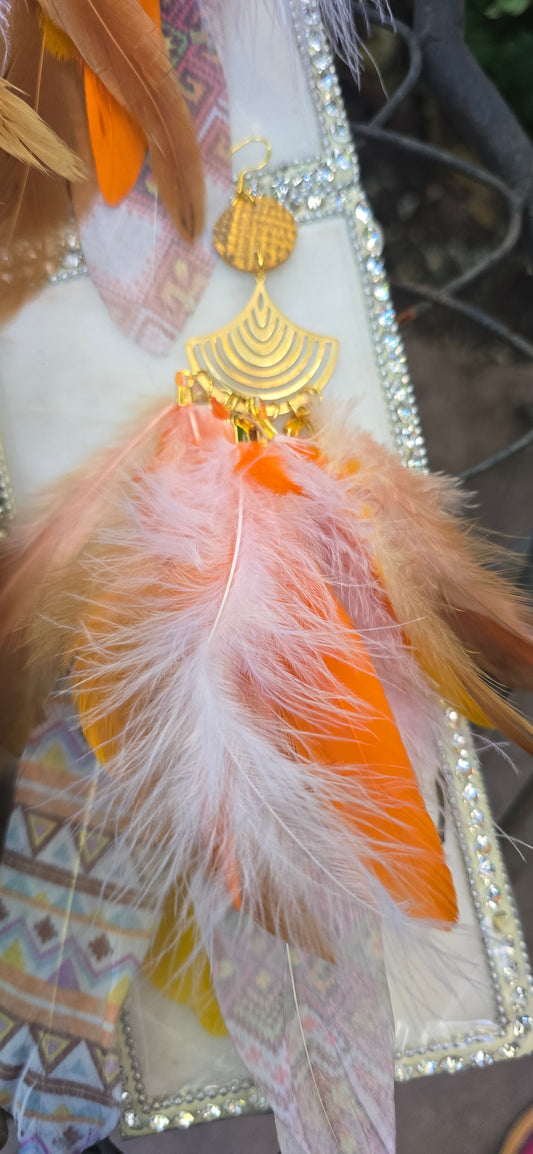 Yellow feather earrings named Sarah by Shop Moxxc, featuring bold statement design with vibrant feathers and gold-tone hooks.