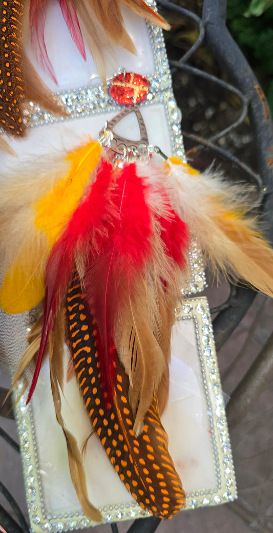 Brown feather earrings named Elizabeth by Shop Moxxc featuring long Ted-style feathers and gold accents, hanging from hooks.