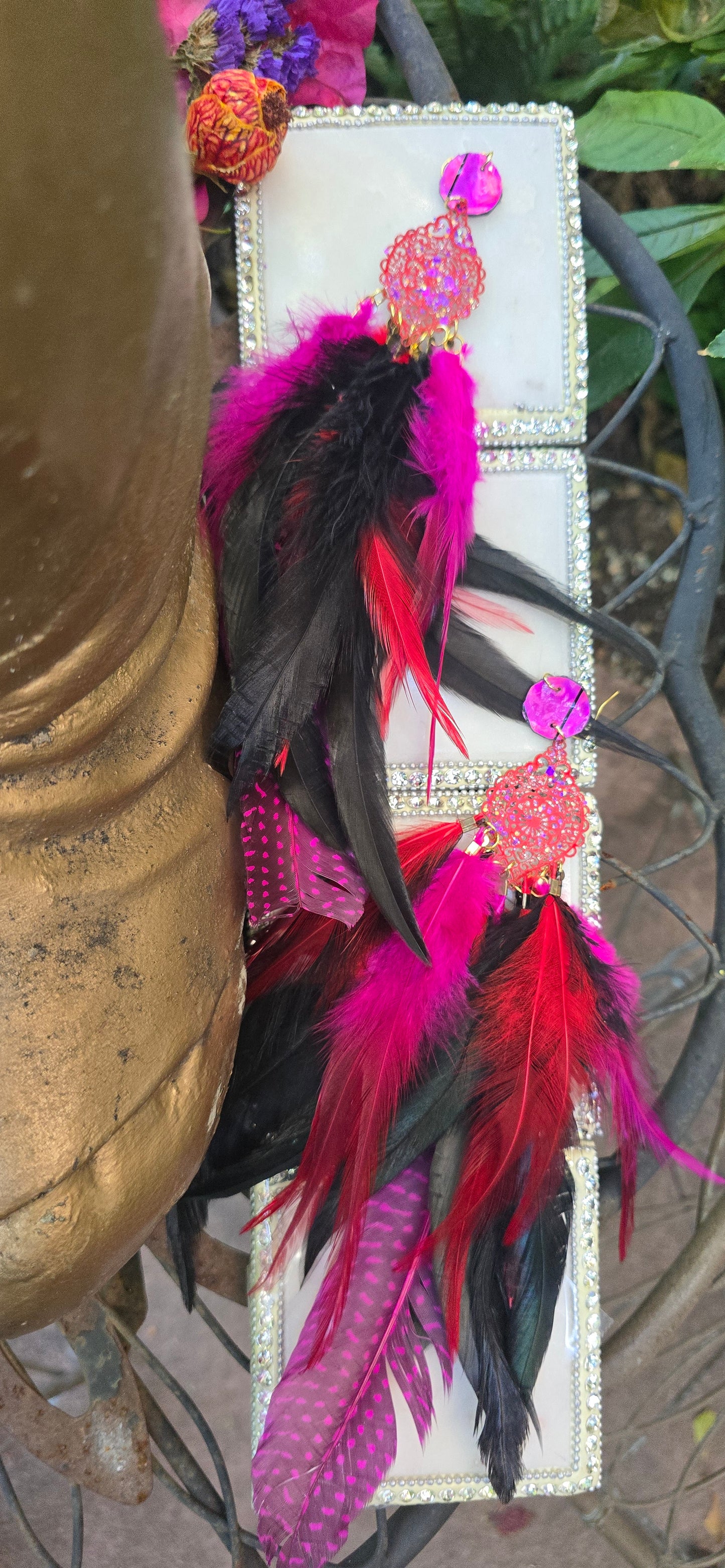 Melly - Hot Pink Long Feather Earrings