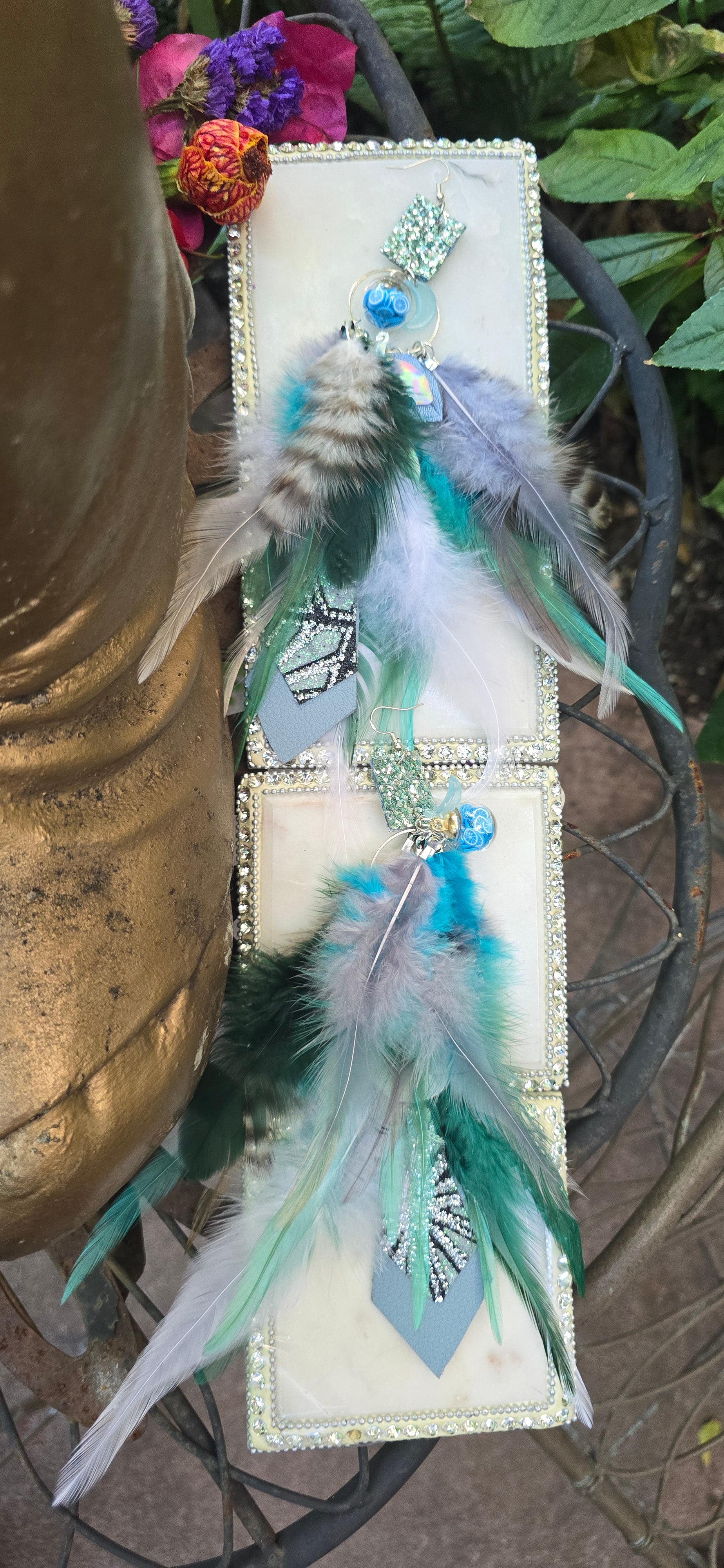 Sue - Blue Green Feather Earrings