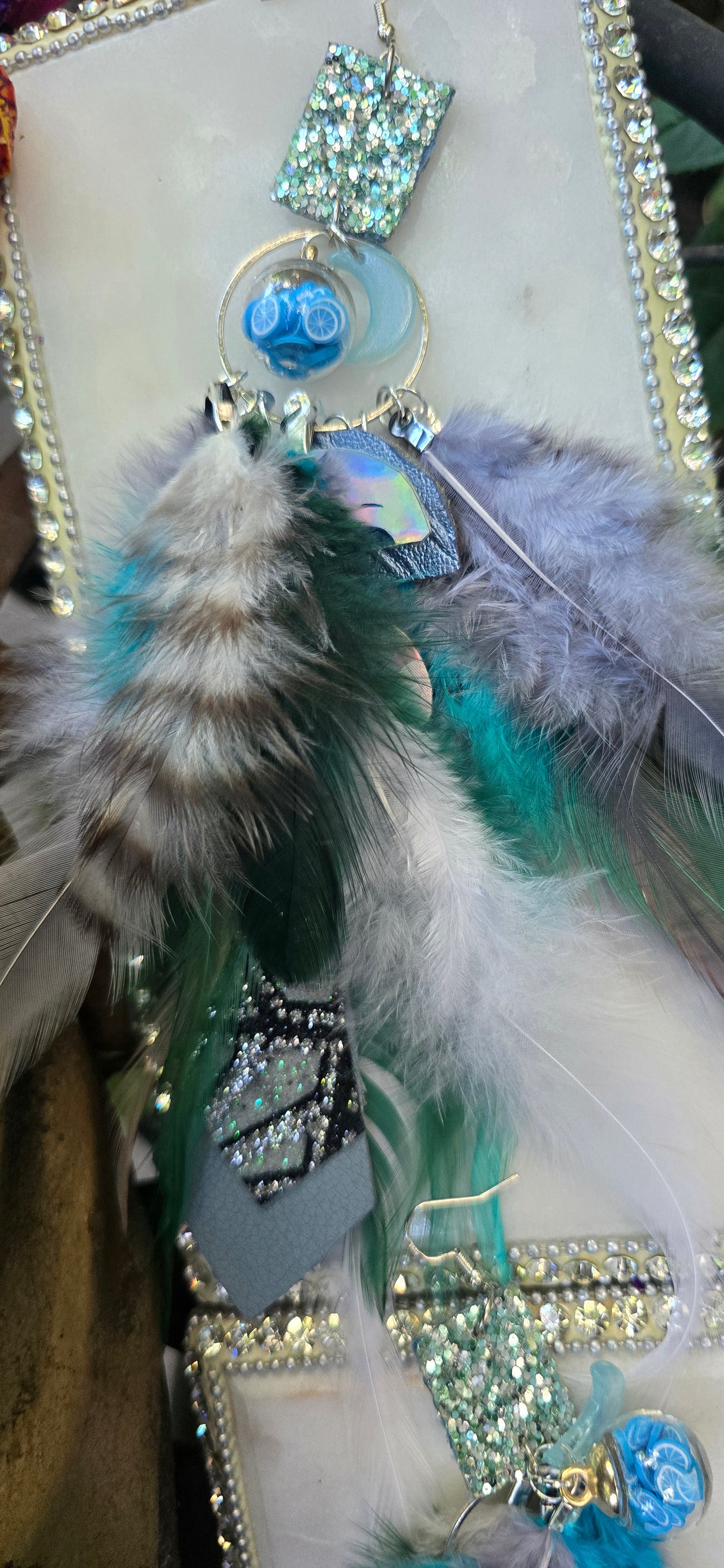 Sue - Blue Green Feather Earrings