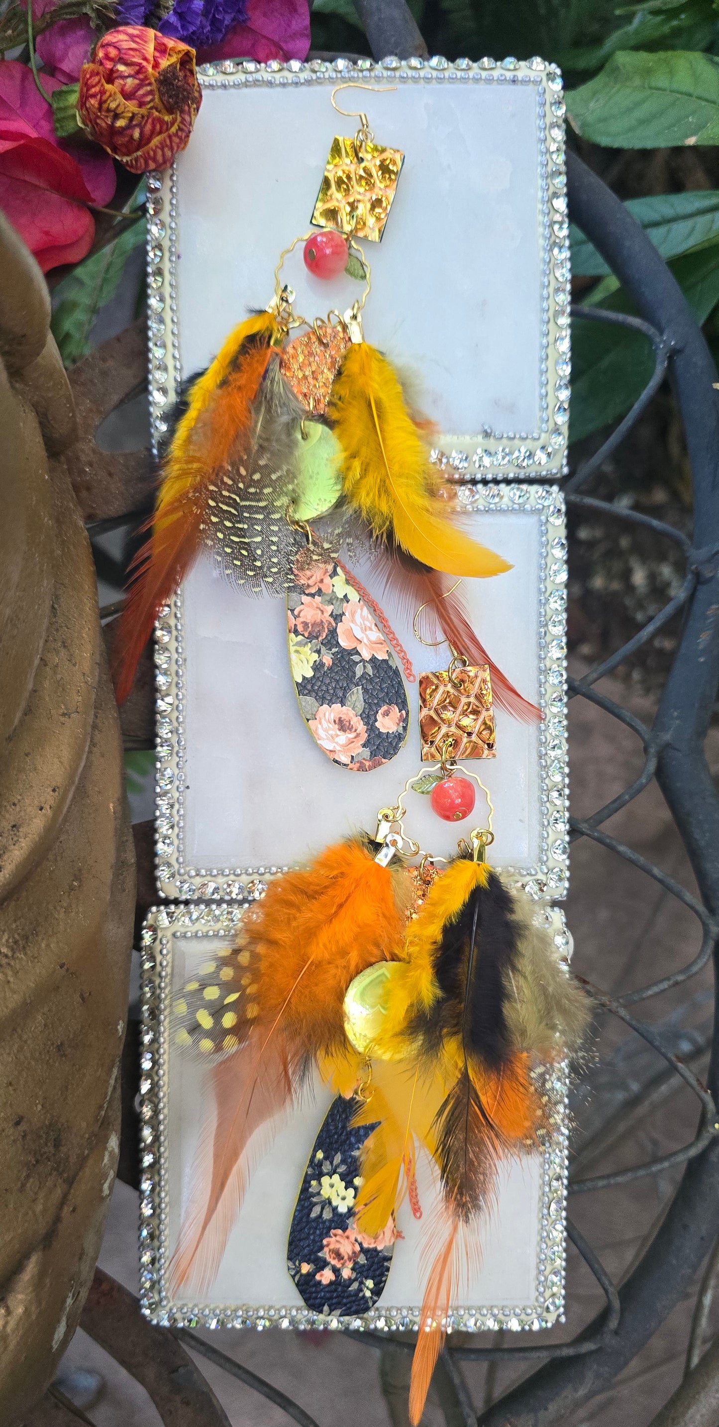 Virginia - Yellow Flower Feather Earrings