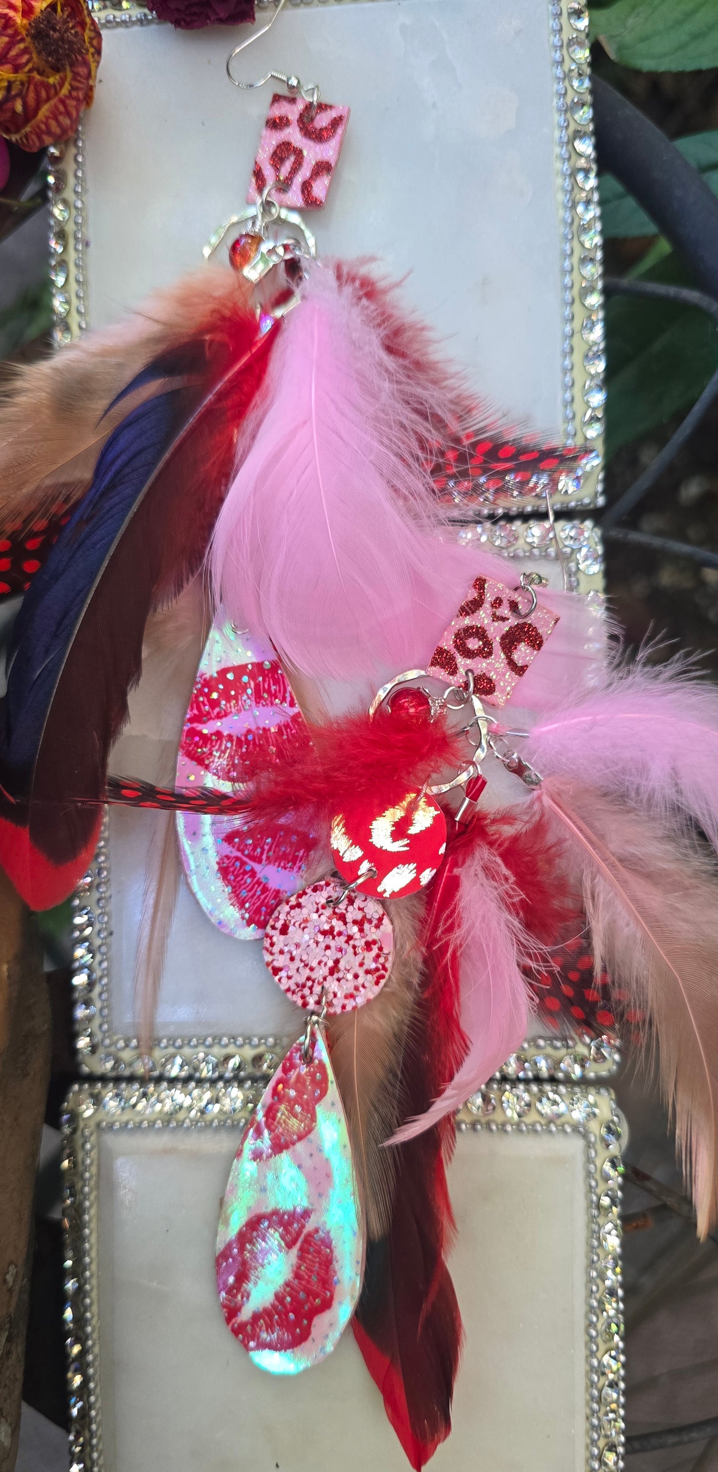 Clarissa - Red Lips Long Feather Earrings