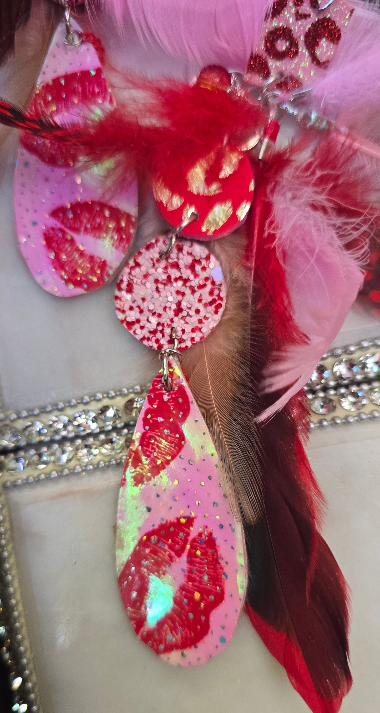 Clarissa - Red Lips Long Feather Earrings