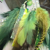 Green feather boho earrings featuring layered feather design, stylish and lightweight, from Shop Moxxc's Alexa collection.
