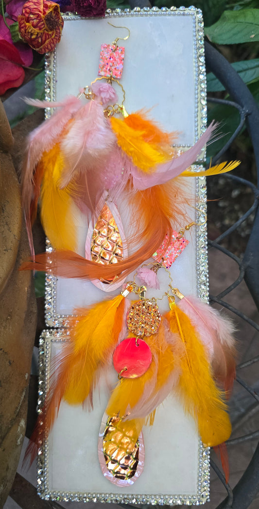 Mystie - Orange Pink Feather Earrings