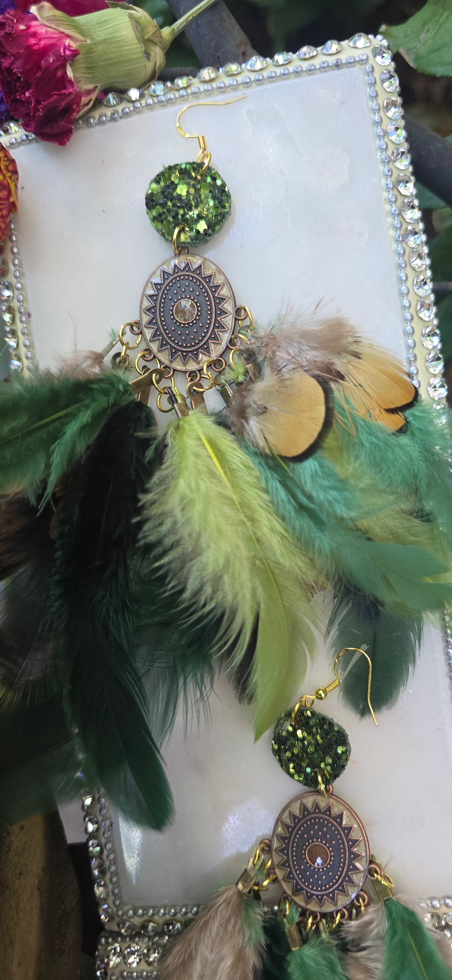 Shaylene - Green Boho Feather Earrings