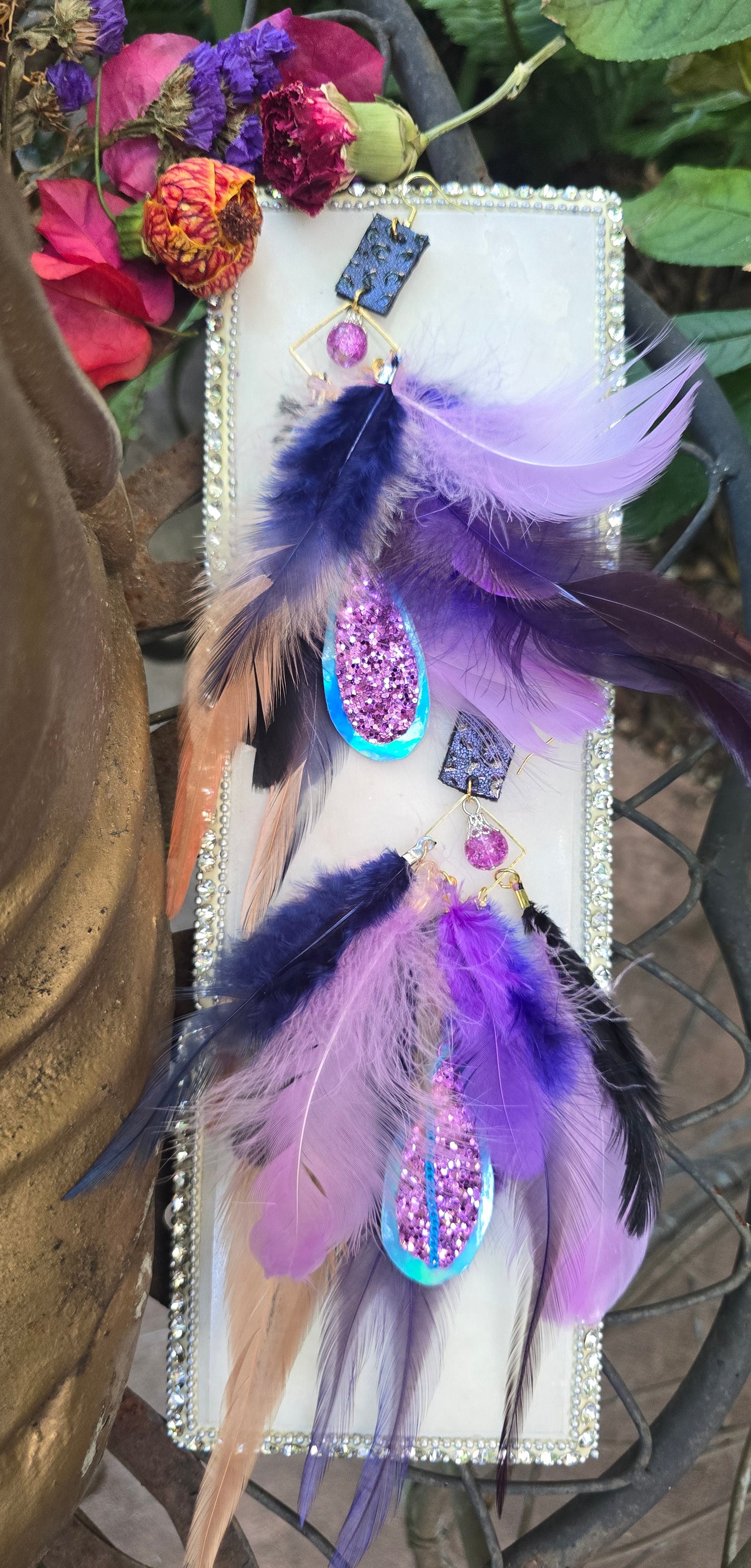 Megan - Purple Glittery Feather Earrings