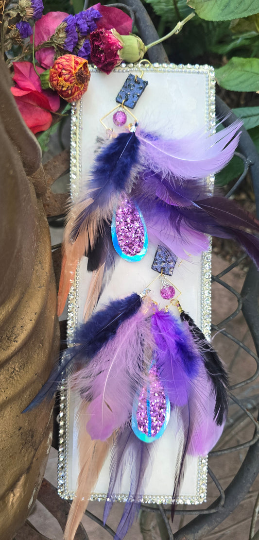 Megan - Purple Glittery Feather Earrings