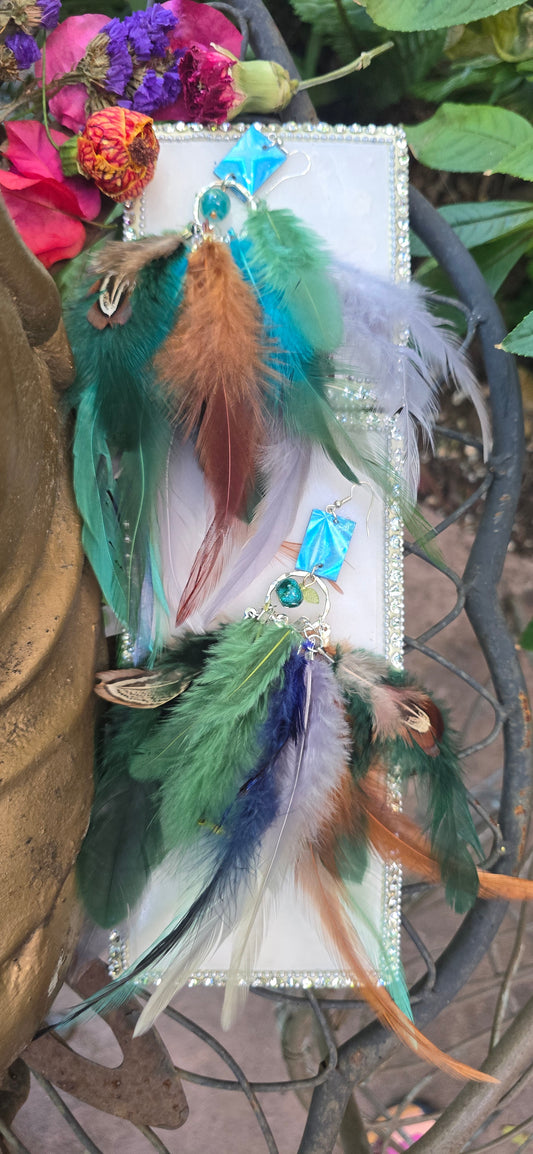 Jacqui - Blue Green Boho Feather Earrings