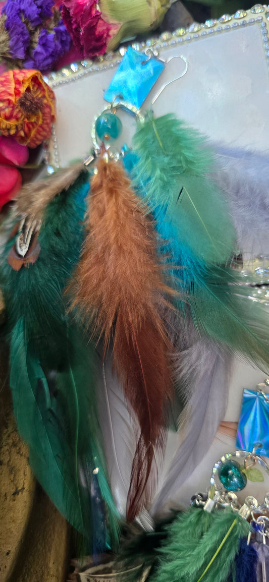 Jacqui - Blue Green Boho Feather Earrings