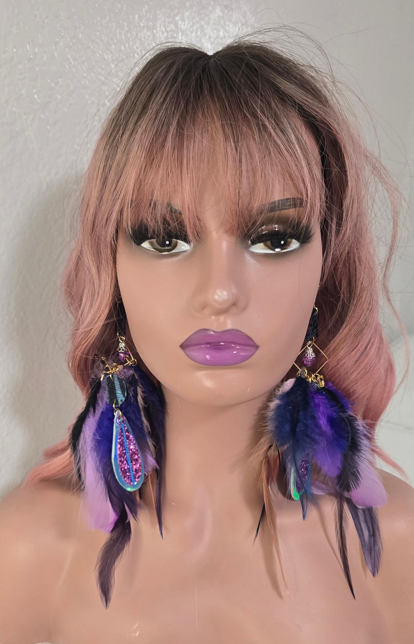 Megan - Purple Glittery Feather Earrings