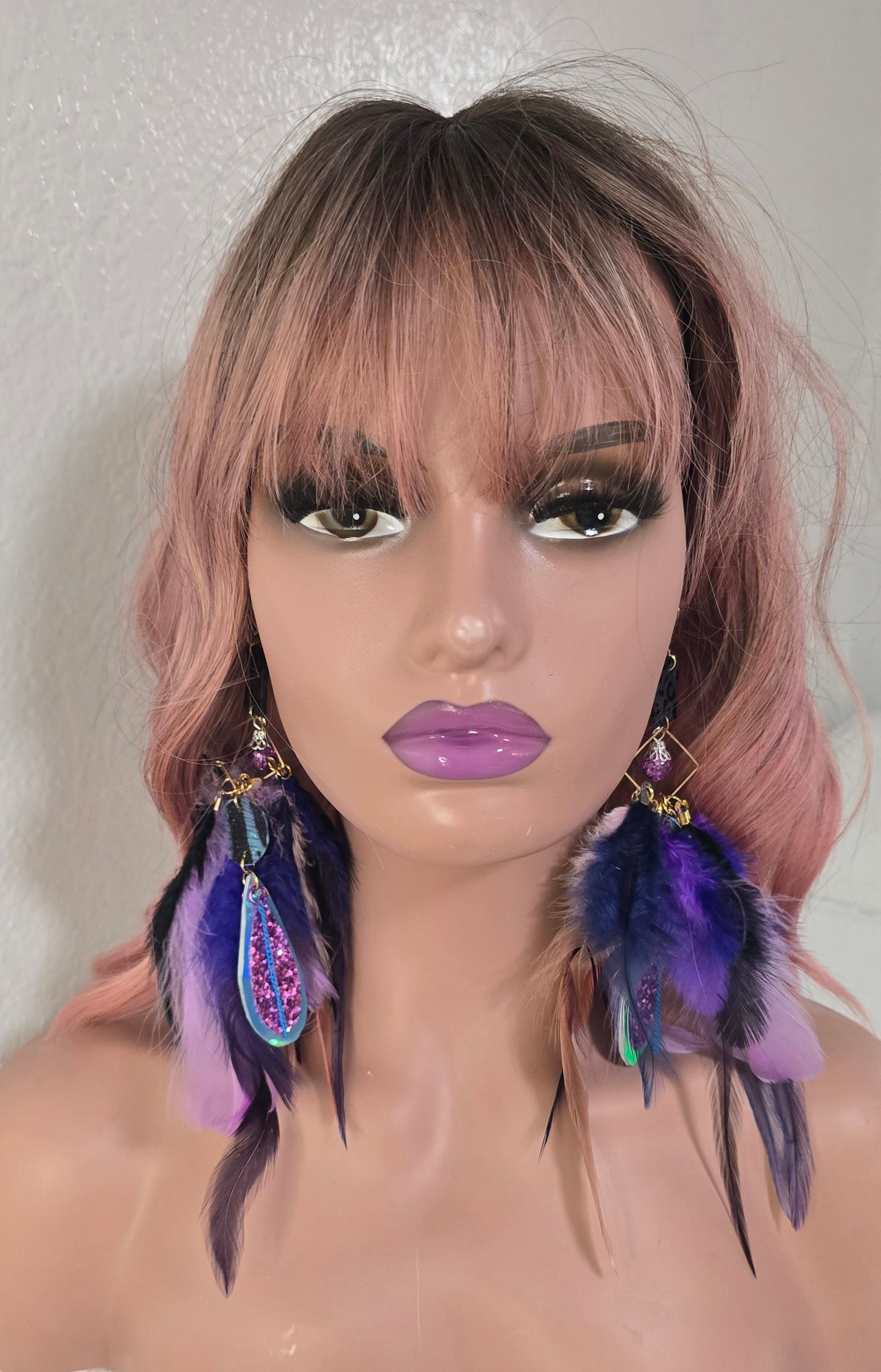 Megan - Purple Glittery Feather Earrings