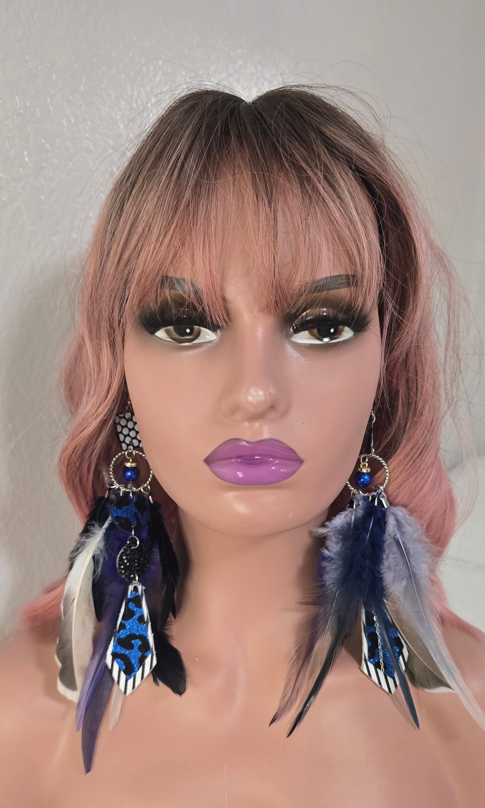 Seline - Blue Animal Print Long Feather Earrings