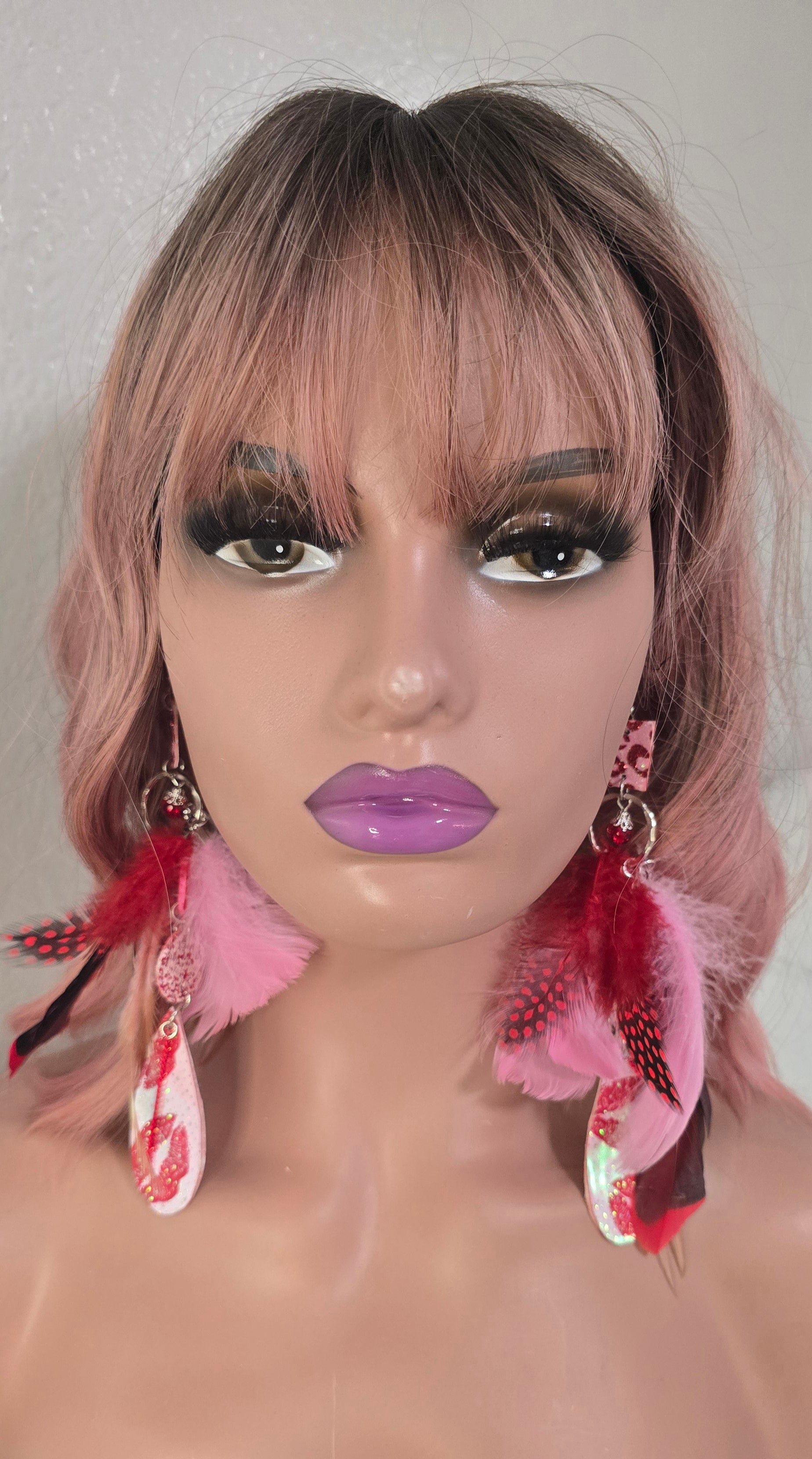 Clarissa - Red Lips Long Feather Earrings