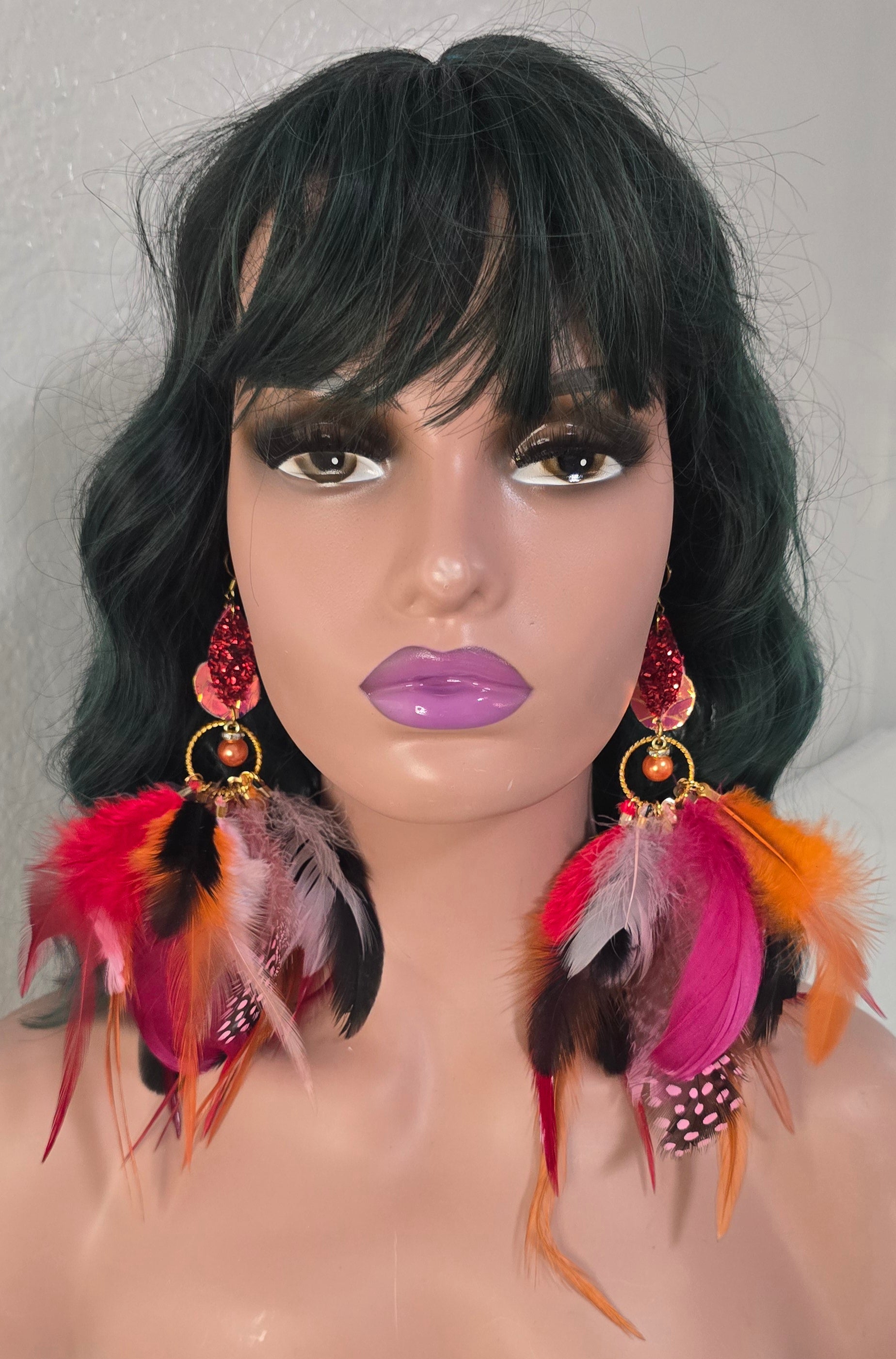 Jennivine - Red Multicolored Feather Earrings