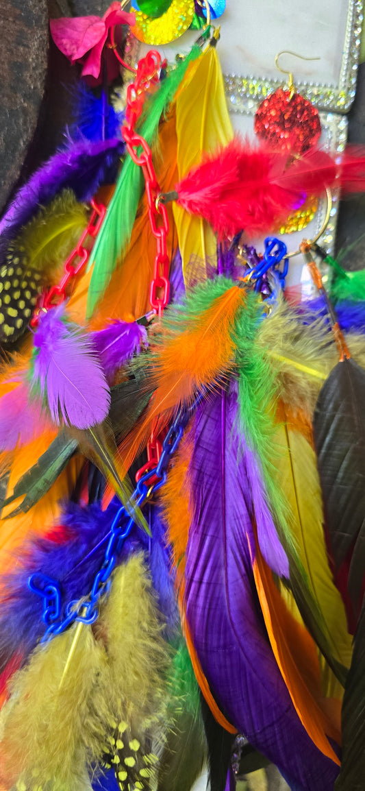 Lorraine - Rainbow Extra Long Feather Earrings