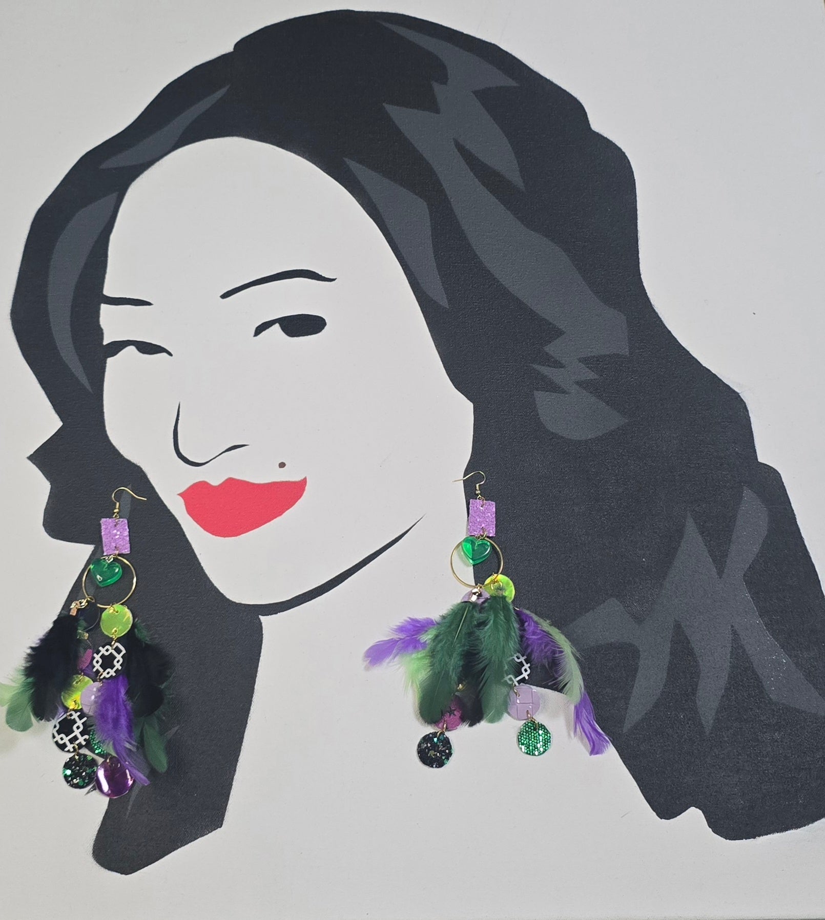 Ly - Pirple Green Round Feather Earrings