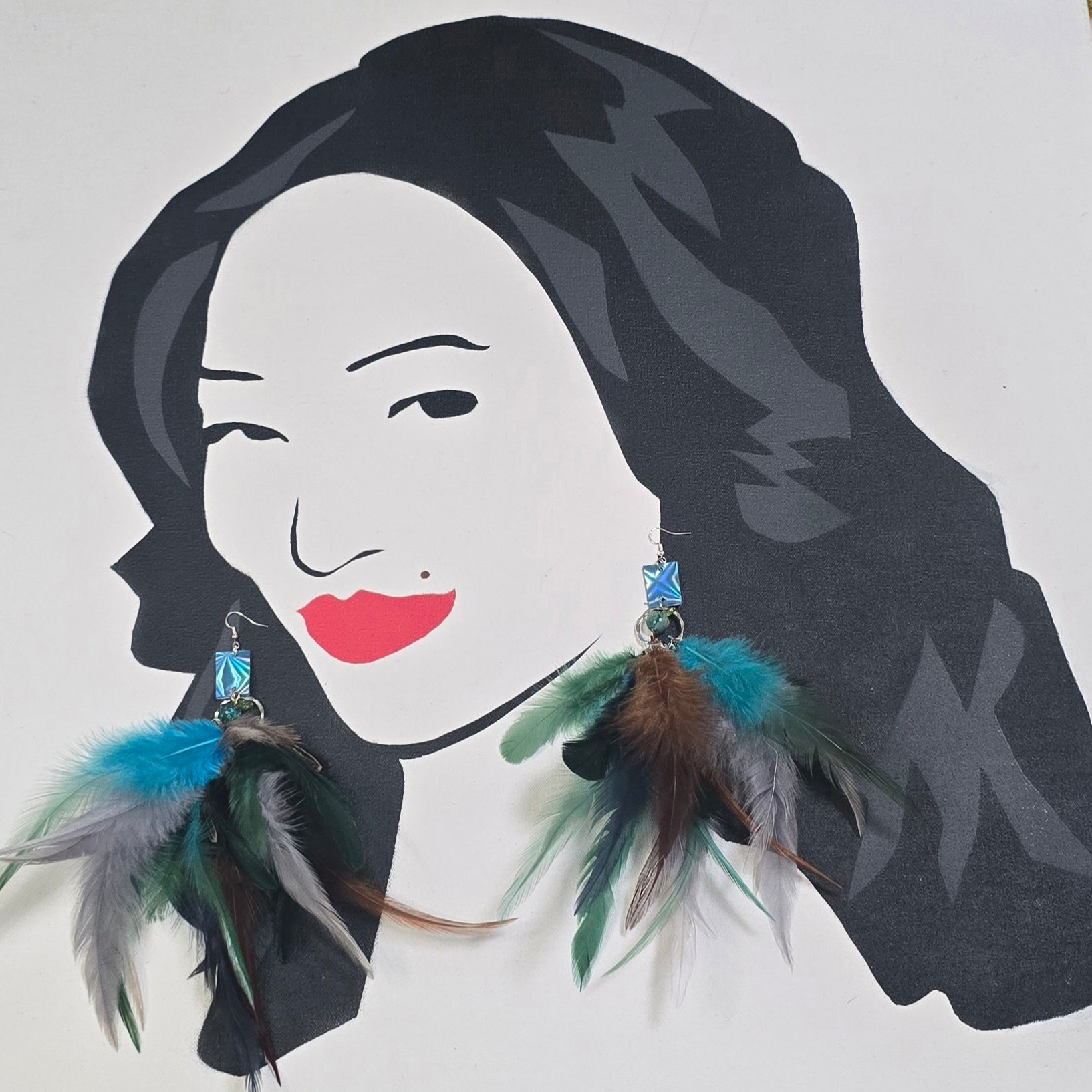 Jacqui - Blue Green Boho Feather Earrings
