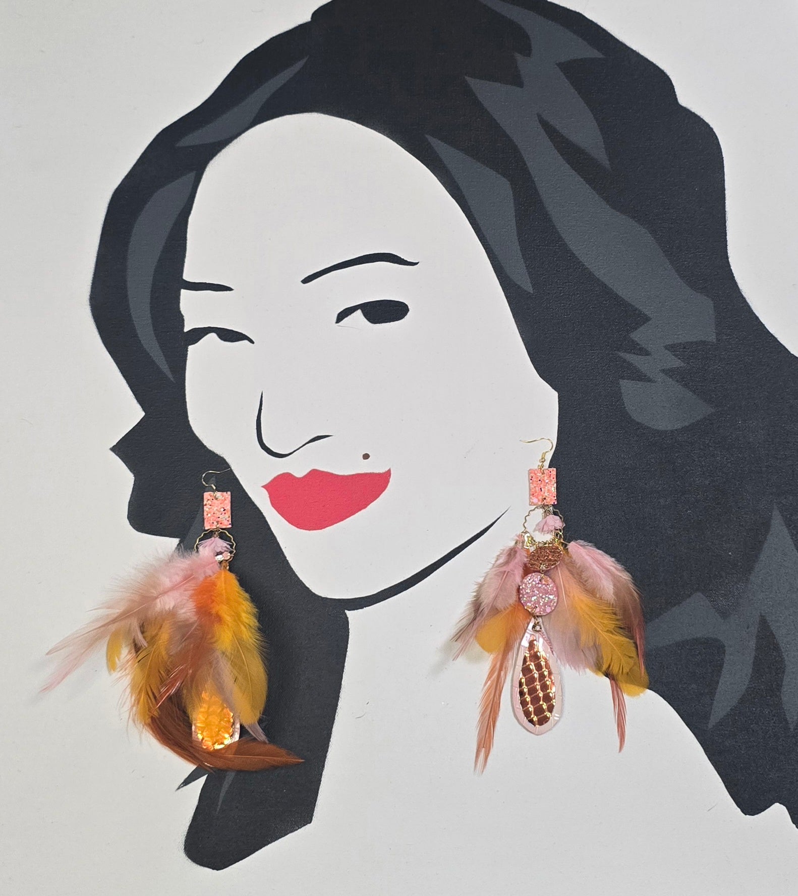 Mystie - Orange Pink Feather Earrings