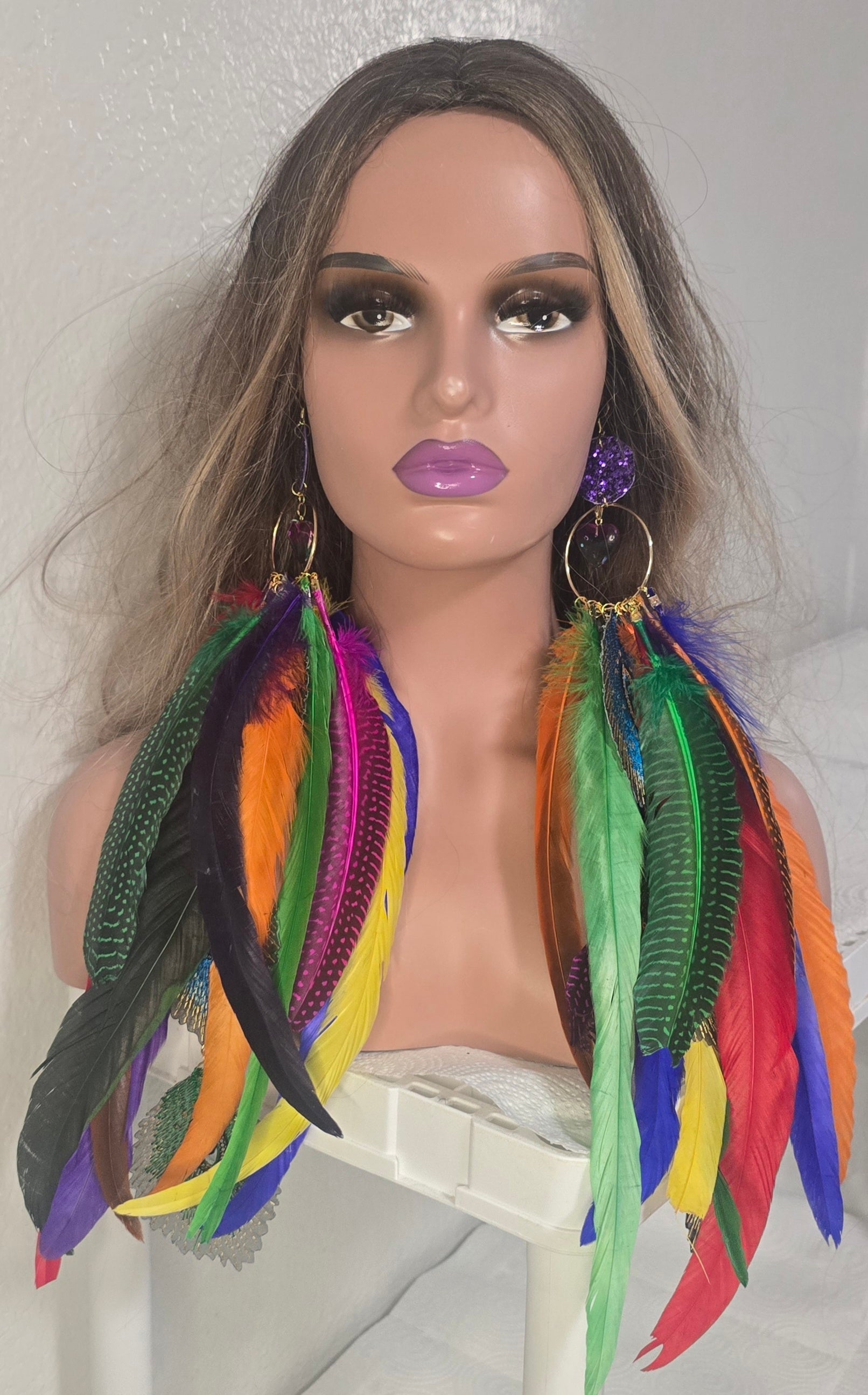 Lorraine - Rainbow Extra Long Feather Earrings