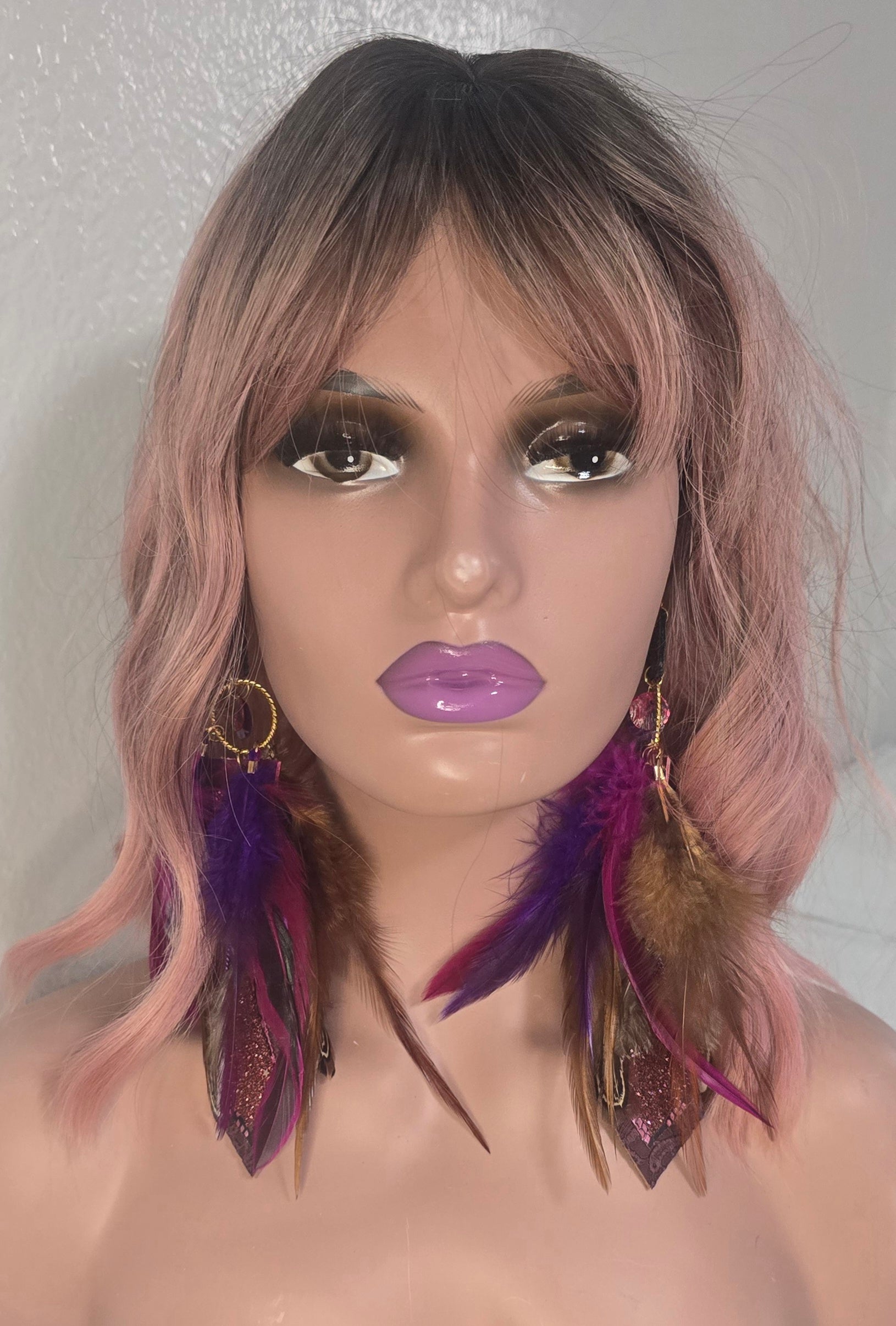 Bonnie - Pink Brown Feather Earrings