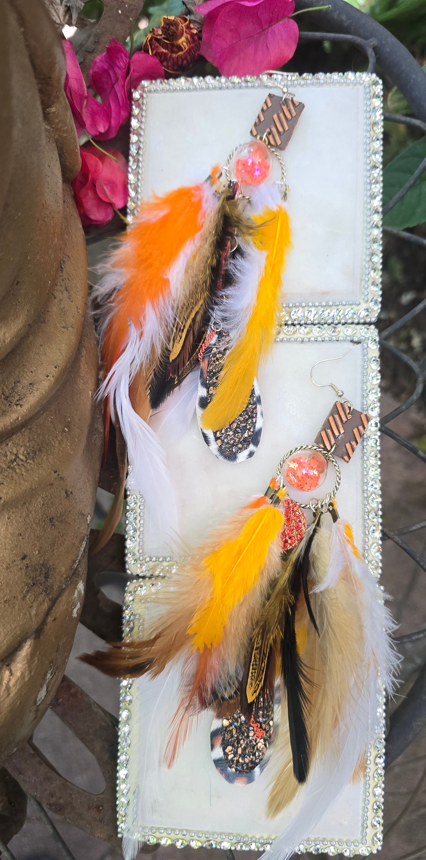 Kimberly - Orange Animal Print Feather Earrings