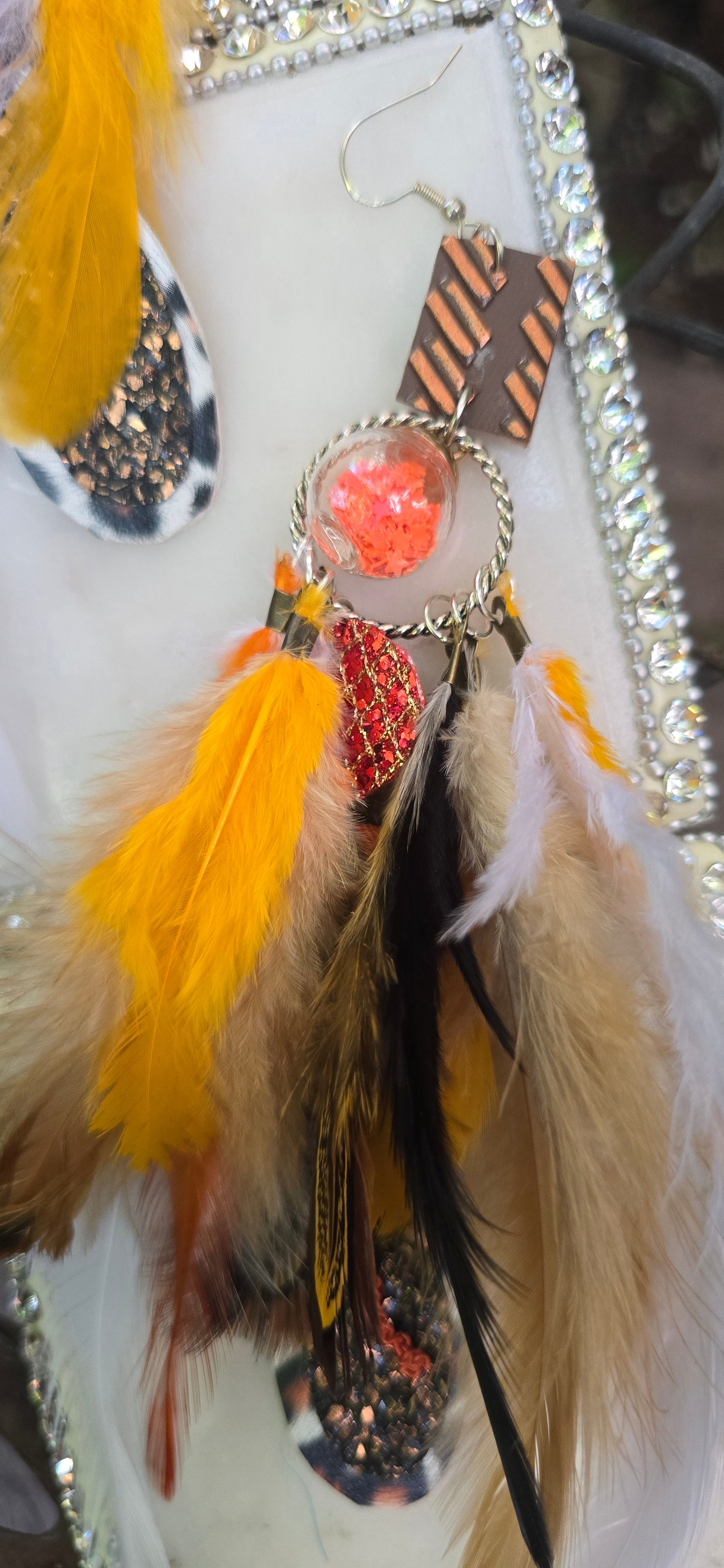 Kimberly - Orange Animal Print Feather Earrings