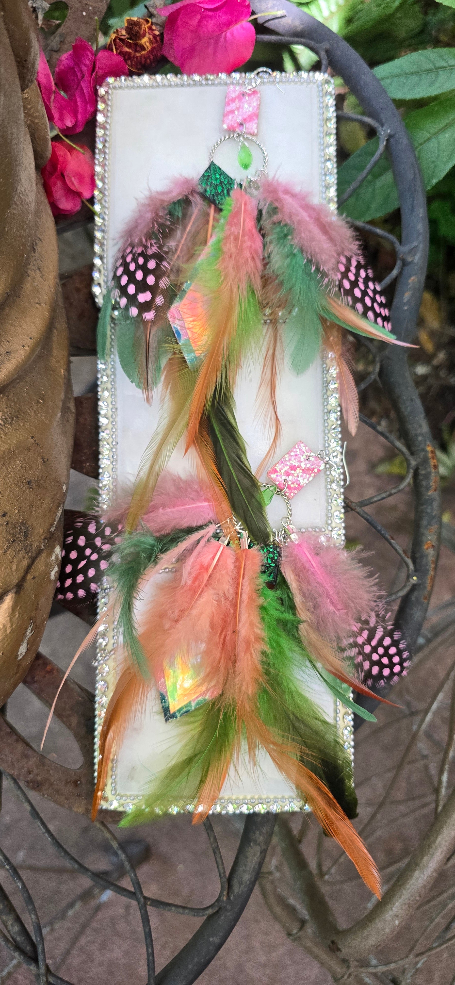Yienie - Pink Green Feather Earrings