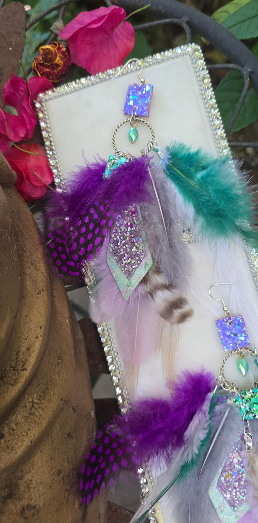Gemma - Purple Green Feather Earrings