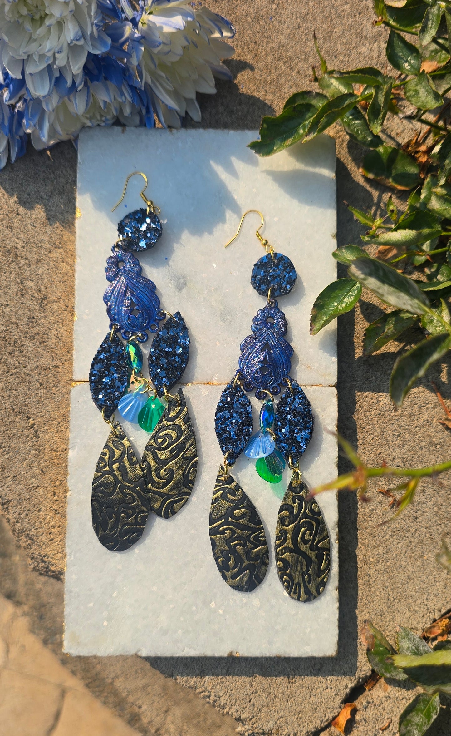 Stella - Deep Blue Glittery Dangle Earrings