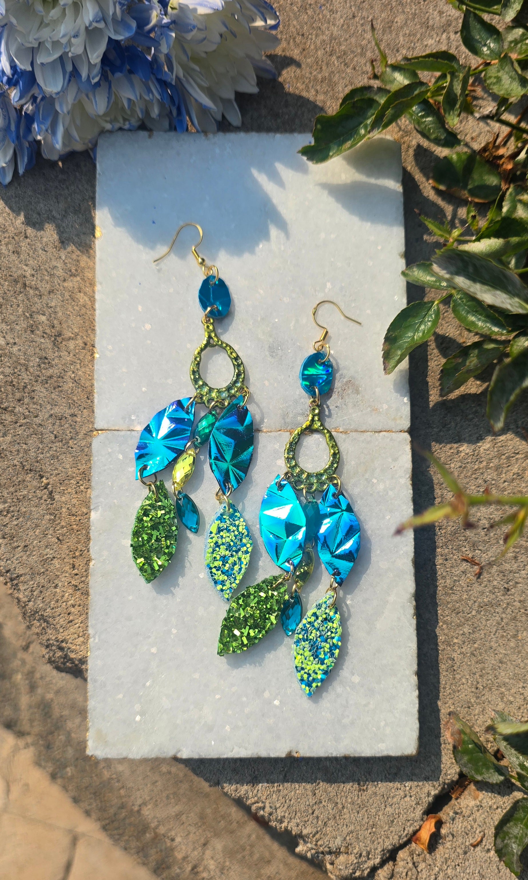 Matalena - Blue Green Glittery Dangle Earrings